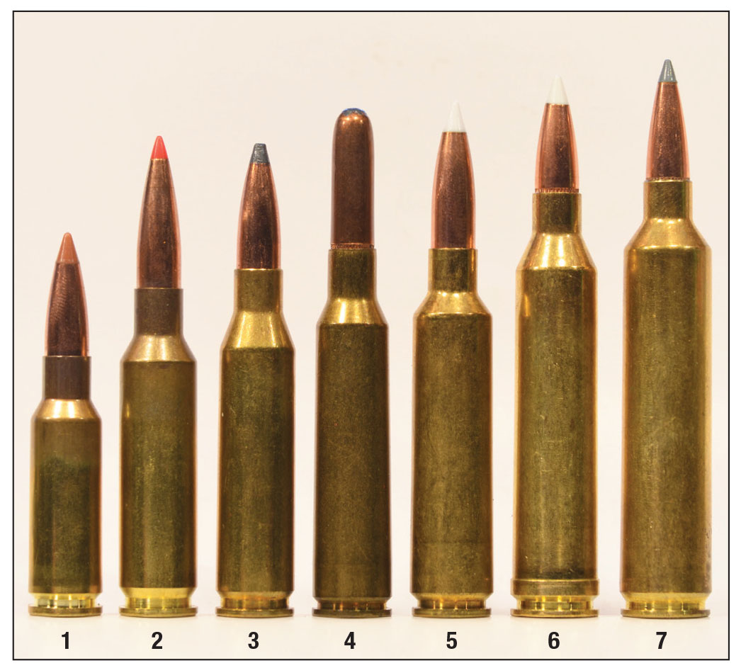 A range of modern civilian 6.5s: (1) 6.5 Grendel, (2) 6.5 Creedmoor, (3) 260 Remington, (4) 6.5x55, (5) 6.5-284, (6) 264 Winchester Magnum and  (7) 26 Nosler.